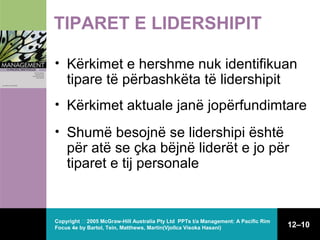 TIPARET E LIDERSHIPIT
• Kërkimet e hershme nuk identifikuan

tipare të përbashkëta të lidershipit

• Kërkimet aktuale janë jopërfundimtare
• Shumë besojnë se lidershipi është

për atë se çka bëjnë liderët e jo për
tiparet e tij personale

Copyright  2005 McGraw-Hill Australia Pty Ltd PPTs t/a Management: A Pacific Rim
Focus 4e by Bartol, Tein, Matthews, Martin(Vjollca Visoka Hasani)

12–10

 