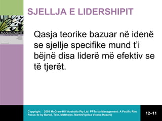 SJELLJA E LIDERSHIPIT
Qasja teorike bazuar në idenë
se sjellje specifike mund t’i
bëjnë disa liderë më efektiv se
të tjerët.

Copyright  2005 McGraw-Hill Australia Pty Ltd PPTs t/a Management: A Pacific Rim
Focus 4e by Bartol, Tein, Matthews, Martin(Vjollca Visoka Hasani)

12–11

 