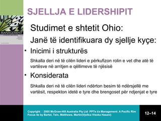 SJELLJA E LIDERSHIPIT
Studimet e shtetit Ohio:
Janë të identifikuara dy sjellje kyçe:
• Inicimi i strukturës
Shkalla deri në të cilën lideri e përkufizon rolin e vet dhe atë të
vartësve në arritjen e qëllimeve të njësisë

• Konsiderata
Shkalla deri në të cilën lideri ndërton besim të ndërsjellë me
vartësit, respekton idetë e tyre dhe brengoset për ndjenjat e tyre

Copyright  2005 McGraw-Hill Australia Pty Ltd PPTs t/a Management: A Pacific Rim
Focus 4e by Bartol, Tein, Matthews, Martin(Vjollca Visoka Hasani)

12–14

 