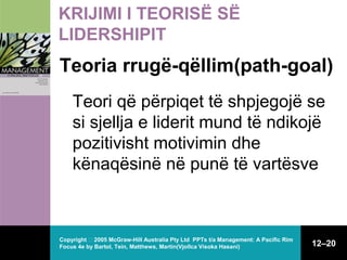 KRIJIMI I TEORISË SË
LIDERSHIPIT

Teoria rrugë-qëllim(path-goal)
Teori që përpiqet të shpjegojë se
si sjellja e liderit mund të ndikojë
pozitivisht motivimin dhe
kënaqësinë në punë të vartësve

Copyright  2005 McGraw-Hill Australia Pty Ltd PPTs t/a Management: A Pacific Rim
Focus 4e by Bartol, Tein, Matthews, Martin(Vjollca Visoka Hasani)

12–20

 