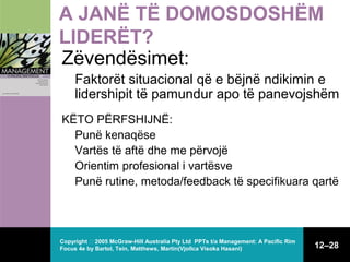 A JANË TË DOMOSDOSHËM
LIDERËT?
Zëvendësimet:
Faktorët situacional që e bëjnë ndikimin e
lidershipit të pamundur apo të panevojshëm
KËTO PËRFSHIJNË:
Punë kenaqëse
Vartës të aftë dhe me përvojë
Orientim profesional i vartësve
Punë rutine, metoda/feedback të specifikuara qartë

Copyright  2005 McGraw-Hill Australia Pty Ltd PPTs t/a Management: A Pacific Rim
Focus 4e by Bartol, Tein, Matthews, Martin(Vjollca Visoka Hasani)

12–28

 