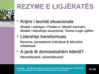 REZYME E LIGJËRATËS
• Krijimi i teorisë situacionale
Modeli i rastisjes i Fiedler-it, Modeli normativ,
Modeli i lidershipit situacional, Teoria rrugë–qëllim

• Lidershipi transformues
Karizma, konsiderimi individual & stimulimi
intelektual

• A janë të domosdoshëm liderët?
Neutralizuesit, zëvendësuesit

Copyright  2005 McGraw-Hill Australia Pty Ltd PPTs t/a Management: A Pacific Rim
Focus 4e by Bartol, Tein, Matthews, Martin(Vjollca Visoka Hasani)

12–30

 