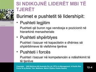 SI NDIKOJNË LIDERËT MBI TË
TJERËT
Burimet e pushtetit të lidershipit:
• Pushteti legjitim
Pushteti që buron nga vendosja e pozicionit në
hierarkinë menaxheriale

• Pushteti shpërblyes
Pushtet i bazuar në kapacitetin e dhënies së
shpërblimeve të vlefshme tjerëve

• Pushteti i forcës
Pushtet i bazuar në kompetencën e ndëshkimit të
të tjerëve
Copyright  2005 McGraw-Hill Australia Pty Ltd PPTs t/a Management: A Pacific Rim
Focus 4e by Bartol, Tein, Matthews, Martin (Vjollca Visoka Hasani)

12–4

 