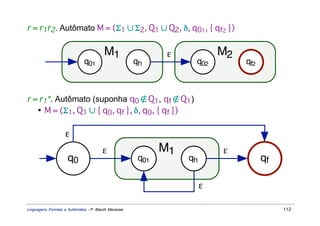 r = r1r2. Autômato M = (Σ1 ∪ Σ2, Q1 ∪ Q2, δ, q01, { qf2 })

                                        M1                   ε             M2
                             q01                     qf1           q02          qf2



r = r1*. Autômato (suponha q0 ∉ Q1, qf ∉ Q1)
   • M = (Σ1, Q1 ∪ { q0, qf }, δ, q0, { qf })

                   ε
                                       ε                    M1             ε
                     q0                               q01        qf1                  qf

                                                                       ε

Linguagens Formais e Autômatos - P. Blauth Menezes                                         112
 