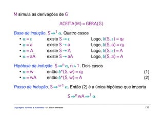 M simula as derivações de G

                                              ACEITA(M) = GERA(G)

Base de indução. S ⇒1 α. Quatro casos
  • α=ε         existe S → ε                                   Logo, δ(S, ε) = qf
  • α=a         existe S → a                                   Logo, δ(S, a) = qf
  • α=A         existe S → A                                   Logo, δ(S, ε) = A
  • α = aA      existe S → aA                                  Logo, δ(S, a) = A

Hipótese de indução. S ⇒n α, n > 1. Dois casos
   • α=w         então δ*(S, w) = qf                                                (1)
   • α = wA      então δ*(S, w) = A                                                 (2)

Passo de Indução. S ⇒n+1 α. Então (2) é a única hipótese que importa

                                                     S ⇒n wA ⇒1 α

Linguagens Formais e Autômatos - P. Blauth Menezes                                  130
 