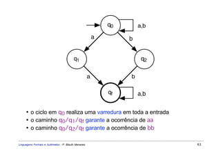 q0       a,b

                                                         a        b


                                         q1                            q2

                                                     a            b

                                                             qf       a,b


     • o ciclo em q0 realiza uma varredura em toda a entrada
     • o caminho q0/q1/qf garante a ocorrência de aa
     • o caminho q0/q2/qf garante a ocorrência de bb

Linguagens Formais e Autômatos - P. Blauth Menezes                          63
 