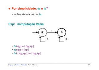 ◆    Por simplicidade, δε e δε*
     • ambas denotadas por δε


Exp: Computação Vazia

                                                              ε
                                                     q0           qf

                                                          a            b

     • δε(q0) = { q0, qf }
     • δε(qf) = { qf }
     • δε({ q0, qf }) = { q0, qf }



Linguagens Formais e Autômatos - P. Blauth Menezes                         84
 