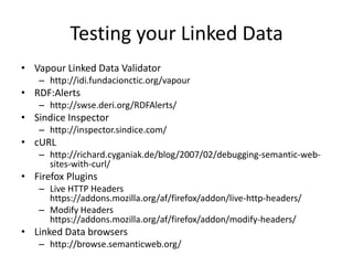 Testing your Linked DataVapour Linked Data Validatorhttp://idi.fundacionctic.org/vapourRDF:Alertshttp://swse.deri.org/RDFAlerts/Sindice Inspectorhttp://inspector.sindice.com/cURLhttp://richard.cyganiak.de/blog/2007/02/debugging-semantic-web-sites-with-curl/Firefox PluginsLive HTTP Headers https://addons.mozilla.org/af/firefox/addon/live-http-headers/Modify Headers https://addons.mozilla.org/af/firefox/addon/modify-headers/Linked Data browsers	http://browse.semanticweb.org/
