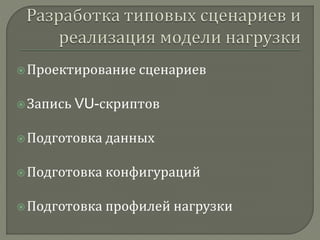  Проектирование сценариев 
 Запись VU-скриптов 
 Подготовка данных 
 Подготовка конфигураций 
 Подготовка профилей нагрузки 
 