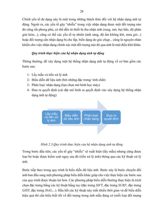 28
Chính yếu tố đa dạng này là một trong những thách thức đối với hệ nhận dạng ảnh tự
động. Ngoài ra, các yếu tố gây “nhiễu” trong việc nhận dạng được một đối tượng nào
đó cũng rất phong phú, có thể đến từ thiết bị thu nhận ảnh (rung, mờ, bụi bẩn, độ phân
giải kém...), cũng có thể các yếu tố tự nhiên (ánh sáng, độ ẩm không khí, mưa gió...)
hoặc đối tượng cần nhận dạng bị che lấp, biến dạng do góc chụp... cũng là nguyên nhân
khiến cho việc nhận dạng chính xác một đối tượng nào đó qua ảnh là một điều khó khăn.
Quy trình thực hiện của hệ nhận dạng ảnh tự động
Thông thường, để xây dựng một hệ thống nhận dạng ảnh tự động về cơ bản gồm các
bước sau:
1- Lấy mẫu và tiền xử lý ảnh
2- Biểu diễn dữ liệu ảnh (bởi những đặc trưng/ tính chất)
3- Phân loại/ nhận dạng (lựa chọn mô hình học máy)
4- Đưa ra quyết định (cài đặt mô hình ra quyết định vào xây dựng hệ thống nhận
dạng ảnh tự động)
Hình 2.3.Quy trình thực hiện của hệ nhận dạng ảnh tự động
Trong bước đầu tiên, các yếu tố gây “nhiễu” sẽ xuất hiện (lấy mẫu) nhưng cũng được
loại bỏ hoặc được kiểm soát ngay sau đó (tiền xử lý ảnh) thông qua các kỹ thuật xử lý
ảnh.
Bước tiếp theo trong quy trình là biểu diễn dữ liệu ảnh. Bước này là bước chuyển đổi
ảnh ban đầu sang một phương pháp biểu diễn khác giúp cho việc thực hiện các bước sau
của quy trình được thuận lợi hơn. Các phương pháp biểu diễn thường thực hiện là trích
chọn đặc trưng bằng các kỹ thuật bằng tay (đặc trưng SIFT, đặc trưng SURF, đặc trưng
GIST, đặc trưng HoG,...). Hầu hết các kỹ thuật này mất nhiều thời gian và để biểu diễn
hiệu quả thì cần hiểu biết tốt về đối tượng trong ảnh mẫu đang có (mỗi loại đối tượng
Lấy mẫu
và tiền xử
lý ảnh
Biểu diễn
dữ liệu ảnh
Phân loại/
nhận dạng
Đưa ra
quyết định
 