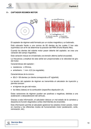 Capítulo 2 
10 
II - CAPTADOR REGIMEN MOTOR 
El captador de régimen está formado por un núcleo magnético y un bobinado. 
Está colocado frente a una corona de 60 dientes de los cuales 2 han sido 
suprimidos con el fin de determinar la posición del PMH (Punto Muerto Alto). 
Cuando los dientes del volante motor pasan delante del captador, se crea una 
variación del campo magnético. 
Esta variación induce en el bobinado una tensión alterna (señal sinusoidal). 
La frecuencia y amplitud de esta señal son proporcionales a la velocidad de giro 
del motor. 
Características del captador : 
 resistencia : x Ohmios, 
 entrehierro : 1 mm 0,5 (no regulable). 
Características de la corona : 
 60-2 = 58 dientes (un diente corresponde a 6º cigüeñal). 
La tensión del captador de régimen es transmitida al calculador de inyección y 
permite conocer : 
 el régimen de giro del motor, 
 los fallos (rateos) en la combustión (específico depolución L4). 
Estas variaciones de régimen pueden ser positivas o negativas, debidas a una 
aceleración o desaceleración del vehículo. 
Gracias a esta información, el calculador deduce un mal estado de la carretera y 
desactiva la función diagnóstico cortes intermitentes de encendido. 
Esta información permite al calculador gestionar los estados (motor parado, motor 
en marcha) y los diferentes modos de funcionamieto motor (aceleración, corte, 
reiniciación, etc). 
 