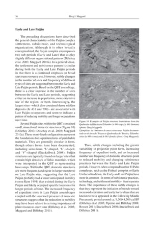 Greg J. Maggard36
Early and Late Paiján
The preceding discussions have described
the general characteristics of the Paiján complex
settlement, subsistence, and technological
organization. Although it is often broadly
conceptualized, the Paiján complex encompasses
two sub-periods (Early and Late) that display
slightly different organizational patterns (Dillehay
et al. 2003; Maggard 2010a). In a general sense,
the settlement and subsistence pattern is similar
during both the Early and Late Paiján periods
in that there is a continued emphasis on broad
spectrum resource use. However, subtle changes
in the number of sites and frequency of different
types of sites are suggested between the Early and
Late Paiján periods. Based on the QBT assemblage,
there is a clear increase in the number of sites
between the Early and Late periods, suggesting
either an increase in population, more extensive
use of the region, or both. Interestingly, the
largest sites –which also contained dense midden
deposits (Je 431 and 790)– are associated with
Late Paiján occupations and seem to indicate a
pattern of reducing mobility and longer occupations
over time.
Several Paiján sites within the QBT contained
small, stone-lined, domestic structures (Figure 10)
(Dillehay 2013; Dillehay et al. 2003; Maggard
2010a). These stone-lined configurations represent
the foundations for superstructures of perishable
materials. They are generally circular in form,
though others forms have been documented,
including semi-lunar, ‘L’-shaped, ‘U’-shaped,
and ‘V’-shaped (Stackelbeck 2008). Paiján
structures are typically found on larger sites that
contain high densities of lithic materials-which
were interpreted in the QBT as representing
basecamps. Within the QBT, domestic structures
are more frequent (and occur in larger numbers)
on Late Paiján sites, suggesting that the Late
Paiján probably had a lower anticipated mobility
(sensu Kent 1991) than existed during the Early
Paiján and likely occupied specific locations for
longer periods of time. The increased frequency
of expedient tools in Late Paiján assemblages
coupled with the increased presence of domestic
structures suggests that the reduction in mobility
may have been related to a rising importance of
plant resources over time (Dillehay et al. 2003;
Maggard and Dillehay 2011).
Thus, subtle changes including the greater
variability in projectile point form, increasing
frequency of expedient tools, and an increased
number and frequency of domestic structures point
to reduced mobility and changing subsistence
practices between the Early and Late Paiján
periods. However, when compared to other El Palto
complexes, such as the Fishtail complex or Early
Unifacial tradition, the Early and Late Paiján have
more in common –in terms of subsistence practices,
technology, and settlement/mobility– than separates
them. The importance of these subtle changes is
that they represent the initiation of trends toward
increased sedentism and early horticulture that are
known to have appeared in the following Middle
Preceramic period around ca. 9,500-8,500 cal BP
(Dillehay et al. 2003; Piperno and Dillehay 2008;
Rossen 2011; Stackelbeck 2008; Stackelbeck and
Dillehay 2011).
Figure 10. Examples of Paiján structure foundations from the
Quebradas del Batán and Talambo: Je 980 (top), Je 861 (bottom)
(photo: Greg Maggard).
Ejemplares de cimientos de unas estructuras Paiján documen-
tado en el área del Proyecto Quebradas del Batán y Talambo:
sitios Je 980 (cima) and Je 861 (fondo) (fotos: Greg Maggard).
 