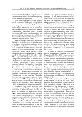 33The El Palto Phase of northern Perú: cultural diversity in the Late Pleistocene-Early Holocene
changes within the broad Paiján complex, as well as
our understanding of interaction between neighboring
coastal and highland populations.
Paiján settlement on the north coast contrasts
sharply with that of the Fishtail. Unlike Fishtail
sites, which are represented only by short-term
camps, Paiján sites are more numerous, encompass
a range of types and functions, and are more widely
spread across different kinds of landforms along the
Andean flanks. Paiján sites in the QBT included
basecamps, field camps, transitory stations, and
quarries/workshops that appear to have had different
functional roles within a more logistically-organized
settlement system (Maggard 2010a).
One of the characteristic features of excavated
Paiján sites is the similarity in use of a broad spectrum
of subsistence resources. Combinations of various
terrestrial mammals, lizards, birds, and terrestrial
snails, along with several marine and freshwater
resources (including several fish species) characterize
the subsistence remains reported from sites across the
north coast (Briceño 2000; Chauchat 1998; Chauchat
et al. 2006; Dillehay et al. 2003; Gálvez 2004, 2000,
1992; Malpass 1983). Paiján sites excavated in the
QBT yielded a similar diversity of faunal resources
(Maggard 2010a). Paiján faunal materials recovered
in the QBT encompassed a range of terrestrial
mammals, including Cervidae (deer), Tayassuidae
(peccary), Pseudalopex sp. (South American fox),
Mustelidae (weasels, skunks, and otters), Sciurus
sp. (tree squirrel), and Sigmodontinae (New World
rats and mice). Reptiles (Teiidae [whiptails and
tegus] and Dicrodon sp. [desert tegu]) and birds
(Passeriformes [perching birds] and Columbidae
[doves and pigeons]) were also recovered. Marine
resources included Micropogonias sp. (croaker),
Mugil sp. (mullet), Calamus brachysomus (probably
Pacific porgy), Haemulidae (grunts), Ariidae (sea
catfish), and Osteichthyes (indeterminate bony fish).
In addition to the faunal resources, plant
resources were probably equally important
components of Paiján subsistence (Dillehay and
Rossen 2002; Piperno 2011; Piperno and Dillehay
2008). Direct evidence for plant use (i.e., carbonized
floral remains, phytoliths, pollen) from Paiján
contexts is rare, but can be inferred based on corollary
evidence like the presence of groundstone tools
(Dillehay and Rossen 2002; Stackelbeck 2008).
Groundstone tools, including both manos and
batanes, were identified at nine sites in the QBT and
are suggestive of the importance of plant resources
within the broad spectrum subsistence strategy of
the Paiján. One site (Je 439) contained evidence of
a specialized activity area where multiple manos
and batanes were identified in close proximity to
a Paiján structure (Figure 6) (Maggard 2010a).
Paiján resource use is indicative of a broad
spectrum pattern and basecamps were likely
intentionally situated to provide access to a wide
diversity of resources. The density of Paiján sites
within the large quebrada systems of the western
Andean foothills suggests that these areas were
important in structuring Paiján settlement (Maggard
and Dillehay 2011). As discussed previously, the
paleoenvironment of the western Andean foothills
was dominated by a dry forest association that
incorporated varied potential plant and animal
resources. The quebrada systems act as natural
corridors into the low Andean flanks and likely
provided the easiest access to desired resources
and locations.
The density of Paiján settlement along the
western Andean flanks (Chauchat et al. 2006;
Maggard and Dillehay 2011) suggests that the
seasonal movement of basecamps may have
occurred in a linear fashion within the dry forest belt
(Netherly 2011).A linear or back-and-forth pattern
of movement between quebrada systems located in
the dry forest belt is distinct from the transhumant
pattern of the Fishtail, which emphasized vertical
mobility across different ecological zones.Although
the Paiján appear to have predominantly focused
their movement along the Andean foothills in a
logistical manner, this strategy also included forays
to the coast and humid forests of the highlands
(Briceño 2013).
As noted previously, a wide range of
morphological variability has largely been
subsumed within term ‘Paiján’. Analysis of Paiján
lithic assemblages from the QBT resulted in the
identification of four distinct types of stemmed
points that exist within the broader Paiján “type”
and correspond to early and late subphases of the
Paiján complex (Maggard 2010a). The recognition
of these different stemmed point types indicates
that the Paiján, rather than an single cultural
phenomenon, is more likely a complex set of
interrelated cultural expressions that reflect the
economic and technological changes that occurred
during the Pleistocene-Holocene transition (Maggard
2010a).The toolkit of the Paiján complex, as a whole,
reflects broad-spectrum resource use and contains
 