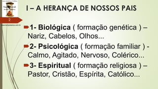 www.tempokairos.com.br
I – A HERANÇA DE NOSSOS PAIS
1- Biológica ( formação genética ) –
Nariz, Cabelos, Olhos...
2- Psicológica ( formação familiar ) -
Calmo, Agitado, Nervoso, Colérico...
3- Espiritual ( formação religiosa ) –
Pastor, Cristão, Espírita, Católico...
2
 