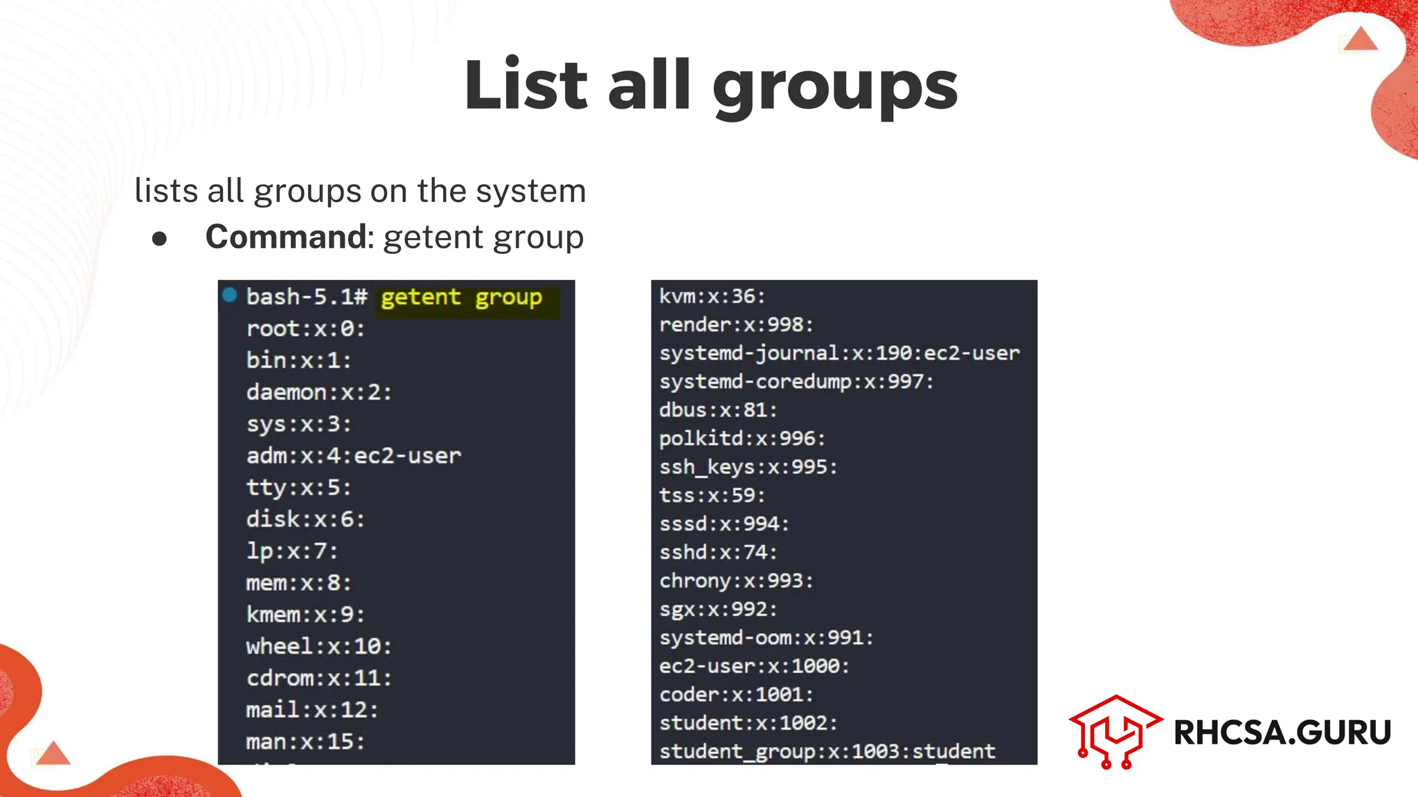 lists all groups on the system
● Command: getent group
Machine Name (Hostname)
List all groups
 