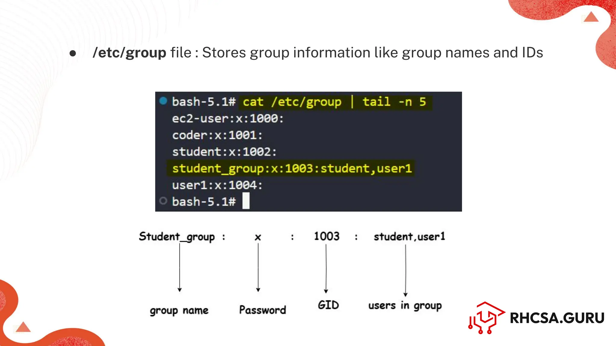 ● /etc/group ﬁle : Stores group information like group names and IDs
 