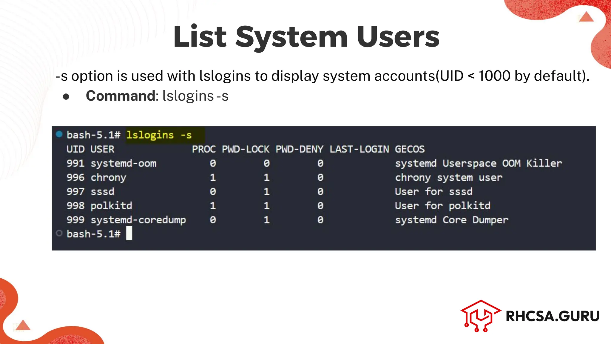 -s option is used with lslogins to display system accounts(UID < 1000 by default).
● Command: lslogins-s
Machine Name (Hostname)
List System Users
 
