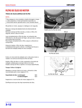 MANUTENÇÃO                                                                                      CRF230F


FILTRO DE ÓLEO DO MOTOR
TROCA DE ÓLEO/LIMPEZA DO FILTRO

NOTA
 Para assegurar uma completa e rápida drenagem, troque
 o óleo enquanto o motor permanecer aquecido e a
 motocicleta estiver apoiada sobre o seu cavalete lateral.

Dê partida no motor, aqueça-o e desligue-o em seguida.

Remova a tampa de abastecimento de óleo/vareta de
medição.                                                        TAMPA DO FILTRO DE ÓLEO
Remova a tampa do filtro de óleo, a mola e o filtro. Em                                       MOLA
seguida, drene o óleo do motor.

Lave completamente o filtro de óleo em solvente não-
inflamável ou de alto ponto de fulgor, até que todo o resíduo
acumulado seja removido.
Para limpar completamente o filtro, seque-o utilizando ar
comprimido.

Antes de instalar o filtro de óleo, inspecione-o
cuidadosamente quanto a danos e certifique-se de que a
borracha de vedação esteja em boa condição.



                                                                      FILTRO DE ÓLEO

Cubra um novo anel de vedação com o óleo para motor e
instale-o na ranhura da tampa do filtro de óleo.

                                                                                                      NOVO
Instale o filtro de óleo e a mola, mantendo a borracha de
vedação voltada para a carcaça inferior do motor.
Instale a tampa do filtro e aperte-a no torque especificado.                              ANEL DE VEDAÇÃO

Torque: 15 N.m (1,5 kgf.m)
                                                                                                     TAMPA
Abasteça a carcaça inferior do motor, utilizando o óleo
recomendado para motor (página 3-11).
                                                                     FILTRO DE ÓLEO    MOLA
Capacidade de óleo: na drenagem                      1,0 l
                    na desmontagem                   1,2 l

Inspecione o nível de óleo do motor (página 3-11).

Certifique-se de que não haja vazamentos de óleo.




3-12
 