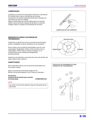 CRF230F                                                                                    MANUTENÇÃO


LUBRIFICAÇÃO

Lubrifique a corrente de transmissão utilizando o lubrificante
Pro Honda Chain Lube ou lubrificante de corrente
equivalente, produzidos especificamente para utilização em
correntes com anel de vedação.
Alguns lubrificantes de corrente disponíveis no mercado
podem conter solventes capazes de danificar os anéis de
vedação. Retire o excesso de lubrificante da corrente.


                                                                     LUBRIFICANTES DA CORRENTE




INSPEÇÃO DA COROA E DO PINHÃO DE
TRANSMISSÃO                                                                   DESGASTADO

Inspecione os dentes da coroa e do pinhão de transmissão
quanto a desgaste ou danos. Substitua-os se necessário.

Nunca utiliza uma corrente de transmissão nova em uma
engrenagem desgastada. Ambos, tanto corrente como a              DANIFICADO                      NORMAL
engrenagem, devem estar em boas condições, ou os
componentes novos substituídos desgastarão
prematuramente.

Inspecione os parafusos e as porcas da coroa e do pinhão. Se
algum estiver solto, aperte-o.

SUBSTITUIÇÃO
                                                                 CONJUNTO DE FERRAMENTA PARA
Esta motocicleta utiliza uma corrente de transmissão com         CORRENTE DE TRANSMISSÃO
elo-mestre travado.

Solte a corrente de transmissão (página 3-14).
Monte a ferramenta especial, como mostra a ilustração.

Ferramenta:
Conjunto de ferramenta para corrente
de transmissão:                            07HMH-MR10103

NOTA
 Ao utilizar a ferramenta especial, siga as instruções de seu
 fabricante.




                                                                                                   3-15
 