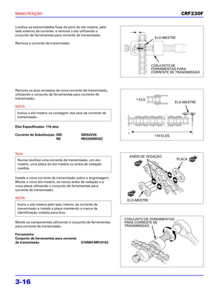 MANUTENÇÃO                                                                                   CRF230F

Localize as extremidades fixas do pino do elo mestre, pelo
lado externo da corrente, e remova o elo utilizando o
conjunto de ferramentas para corrente de transmissão.
                                                                              ELO-MESTRE
Remova a corrente de transmissão.




                                                                             CONJUNTO DE
                                                                             FERRAMENTAS PARA
                                                                             CORRENTE DE TRANSMISSÃO




Remova os elos excessos da nova corrente de transmissão,
utilizando o conjunto de ferramentas para corrente de
transmissão.                                                         1 ELO
                                                                                         ELO-MESTRE
NOTA
 Inclua o elo-mestre na contagem dos elos da corrente de
 transmissão.

Elos Especificados: 110 elos

Corrente de Substituição: DID             DID520V6                            110 ELOS
                          RK              RK520SMOZ2



Nota
                                                               ANÉIS DE VEDAÇÃO
 Nunca reutilize uma corrente de transmissão, um elo-                                      PLACA   NOVA

                                                                     NOVO
 mestre, uma placa do elo-mestre ou anéis de vedação
 usados.

Instale a nova corrente de transmissão sobre a engrenagem.
Monte o novo elo-mestre, os novos anéis de vedação e a
nova placa utilizando o conjunto de ferramentas para
corrente de transmissão.
                                                              NOVO

NOTA
                                                              ELO-MESTRE
 Insira o elo-mestre pelo lado interno da corrente de
 transmissão e instale a placa mantendo a marca de
 identificação voltada para fora.

                                                             CONJUNTO DE FERRAMENTAS
Monte os componentes utilizando o conjunto de ferramentas    PARA CORRENTE DE
para corrente de transmissão.                                TRANSMISSÃO

Ferramenta:
Conjunto de ferramentas para corrente
de transmissão                            07HMH-MR10103




3-16
 