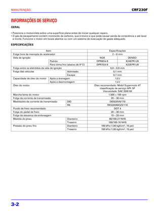 MANUTENÇÃO                                                                                           CRF230F


INFORMAÇÕES DE SERVIÇO
GERAL

• Posicione a motocicleta sobre uma superfície plana antes de iniciar qualquer reparo.
• O gás de escapamento contém monóxido de carbono, que é tóxico e que pode causar perda de consciência e até levar
  a morte. Funcione o motor em locais abertos ou com um sistema de evacuação de gases adequado.

ESPECIFICAÇÕES

                              Item                                                Especificações
 Folga livre da manopla do acelerador                                               2 – 6 mm
 Vela de ignição                                                         NGK                     DENSO
                                  Padrão                               DPR8EA-9                 X24EPR-U9
                                  Para clima frio (abaixo de 5º C)     DPR7EA-9                 X22EPR-U9
 Folga entre os eletrôdos da vela de ignição                                        0,8 – 0,9 mm
 Folga das válvulas                               Admissão                             0,1 mm
                                                  Escape                               0,1 mm
 Capacidade de óleo do motor Após a drenagem                                             1,0 l
                                  Após a desmontagem                                     1,2 l
 Óleo do motor                                                       Óleo recomendado: Mobil Supermoto 4T
                                                                         classificação de serviço API: SF
                                                                            Viscosidade: SAE 20W-50
 Marcha-lenta do motor                                                            1.500 ± 100 rpm
 Folga da corrente de transmissão                                                   20 – 30 mm
 Medida/elo da corrente de transmissão            DID                              DID520V6/110
                                                  RK                             RK520SMOZ2/110
 Fluido de freio recomendado                                                            DOT 4
 Folga do pedal de freio                                                            20 – 30 mm
 Folga da alavanca da embreagem                                                     10 – 20 mm
 Medida do pneu                                   Dianteiro                        80/100-21 NHS
                                                  Traseiro                        100/100-18 NHS
 Pressão do pneu frio                             Dianteiro                100 kPa (1,00 kgf/cm2, 15 psi)
                                                  Traseiro                 100 kPa (1,00 kgf/cm2, 15 psi)




3-2
 