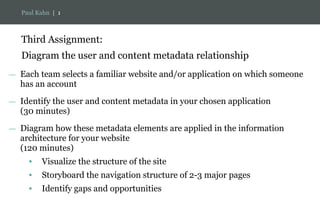 Third Assignment:
Diagram the user and content metadata relationship
Paul Kahn | 1
—  Each team selects a familiar website and/or application on which someone
has an account
—  Identify the user and content metadata in your chosen application
(30 minutes)
—  Diagram how these metadata elements are applied in the information
architecture for your website
(120 minutes)
•  Visualize the structure of the site
•  Storyboard the navigation structure of 2-3 major pages
•  Identify gaps and opportunities
 
