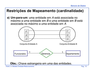 Bancos de Dados
Parte 3: O Modelo Entidade-Relacionamento Pag.: 10
a) Um-para-um: uma entidade em A está associada no
máximo a uma entidade em B e uma entidade em B está
associada no máximo a uma entidade em A
Conjunto-Entidade A Conjunto-Entidade B
b3
b2
b1
a3
a2
a1
1 1
Funcionário DepartamentoGerencia
Obs.: Chave estrangeira em uma das entidades.
Restrições de Mapeamento (cardinalidade)
 
