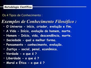 Os 4 Tipos de Conhecimento :
Exemplos de Conhecimento Filosófico :
Metodologia Científica
• O Universo - início, criador, evolução e fim.
• A Vida - Início, evolução do homem, morte.
• Homem - Início, vida, descendência, morte.
• Sociedade - qual a melhor forma.
• Pensamento - conhecimento, evolução.
• Justiça - social, penal, econômica.
• Verdade - o que é ?
• Liberdade - o que é ?
• Moral e Ética - o que é ?
 