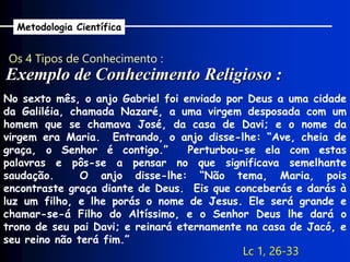 Os 4 Tipos de Conhecimento :
Exemplo de Conhecimento Religioso :
Metodologia Científica
No sexto mês, o anjo Gabriel foi enviado por Deus a uma cidade
da Galiléia, chamada Nazaré, a uma virgem desposada com um
homem que se chamava José, da casa de Davi; e o nome da
virgem era Maria. Entrando, o anjo disse-lhe: “Ave, cheia de
graça, o Senhor é contigo.” Perturbou-se ela com estas
palavras e pôs-se a pensar no que significava semelhante
saudação. O anjo disse-lhe: “Não tema, Maria, pois
encontraste graça diante de Deus. Eis que conceberás e darás à
luz um filho, e lhe porás o nome de Jesus. Ele será grande e
chamar-se-á Filho do Altíssimo, e o Senhor Deus lhe dará o
trono de seu pai Davi; e reinará eternamente na casa de Jacó, e
seu reino não terá fim.”
Lc 1, 26-33
 