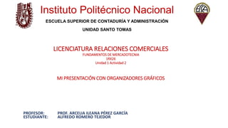 LICENCIATURA RELACIONES COMERCIALES
FUNDAMENTOS DE MERCADOTECNIA
1RX26
Unidad 1 Actividad 2
MI PRESENTACIÓN CON ORGANIZADORES GRÁFICOS
PROFESOR: PROF. ARCELIA ILEANA PÉREZ GARCÍA
ESTUDIANTE: ALFREDO ROMERO TEJEDOR
Instituto Politécnico Nacional
ESCUELA SUPERIOR DE CONTADURÍA Y ADMINISTRACIÓN
UNIDAD SANTO TOMAS
 