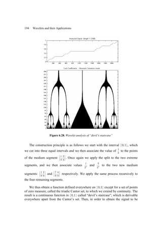 194 Wavelets and their Applications
Figure 6.28. Wavelet analysis of “devil’s staircase”
The construction principle is as follows we start with the interval [ ]
0,1 , which
we cut into three equal intervals and we then associate the value of 1
2
to the points
of the medium segment 1 2
,
3 3
⎡ ⎤
⎢ ⎥
⎣ ⎦
. Once again we apply the split to the two extreme
segments, and we then associate values 2
1
2
and 2
3
2
to the two new medium
segments: 1 2
,
9 9
⎡ ⎤
⎢ ⎥
⎣ ⎦
and 7 8
,
9 9
⎡ ⎤
⎢ ⎥
⎣ ⎦
respectively. We apply the same process recursively to
the four remaining segments.
We thus obtain a function defined everywhere on [ ]
0,1 except for a set of points
of zero measure, called the triadic Cantor set, to which we extend by continuity. The
result is a continuous function in [ ]
0,1 called “devil’s staircase”, which is derivable
everywhere apart from the Cantor’s set. Then, in order to obtain the signal to be
 