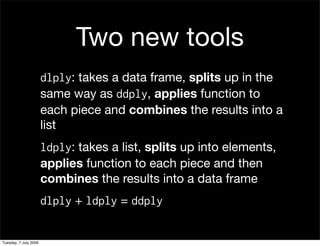 Two new tools
                       dlply: takes a data frame, splits up in the
                       same way as ddply,...