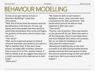 12
|
Models of Learning
Training Skills
MTL Course Topics
BEHAVIOUR MODELLING
So how do you get trainees to learn in
Behaviour Modelling?" asked Alan.
John replied:
"Well, first of all we show the trainees what the
key behaviours in the task are. If it was, say,
typing, we'd show people how they would sit,
where they should place their wrists and fingers,
the positions of the spine, where to place copy
and so on..."
"Then what?"
"Well, we try to get each person to think of
someone they know who performs the task to a
high or excellent level. If they don't know
anyone, we might offer ourselves, someone
they've seen on TV or film, another trainee. If
there's nobody at all, we suggest they construct
a mind's eye picture of an ideal person in their
heads."
"What next?“
"We relate the skills to each trainee's
workplace: where, when and under what
circumstances the skill is performed. They
decide which parts of the skill are most
important in their own cases."
"Then what?"
"Practice. Lots of practice. They must practice
on the job and off the job. When they work in
off-the-job groups, there is more observation
and more feedback from others and ourselves.
We can use video for feedback as well.
"Why does this method work?"
"Behavioural modelling rates as the most
successful of all skills training models because
trainees construct their own picture of what
they want to achieve and go at their own speed
to get there. We're just around to offer
support."
 