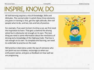 13
|
Models of Learning
Training Skills
MTL Course Topics
INSPIRE, KNOW, DO
All skill learning requires a mix of Knowledge, Skills and
Attitudes. The normal order in which these three elements
are given in training is: first, get the right attitude, then tell
people what to do, and last, lots and lots of practice.
For example, if we want to learn to drive a car, we first need
the inspiration to learn. That gets us behind the driving
wheel but is obviously not enough on its own. The next
thing we need is some information about the mechanics of
driving and a knowledge of the Highway Code. That too is
not enough on its own. To complete the learning, we need
to undertake to practise on the road.
Skill practice is best done under the eye of someone who
can point out our mistakes, encourage us when our
enthusiasm wanes, and give us feedback on how well we
are progressing.
 