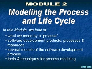 In this Module, we look at
  • what we mean by a “process”
  • software development products, processes &
    resources
  • several models of the software development
    process
  • tools & techniques for process modeling

                                            Back   Next
 