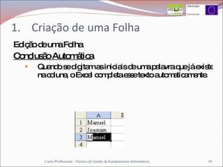 Criação de uma Folha Edição de uma Folha Conclusão Automática Quando se digitam as iniciais de uma palavra que já existe na coluna, o Excel completa esse texto automaticamente.  Curso Profissional - Técnico de Gestão de Equipamentos Informáticos 