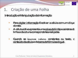 Criação de uma Folha Introdução e Manipulação da Informação Para  digitar informação  – activar a célula com um clique do rato. A célula activa apresenta uma  caixa de limite  e as letras da linha e da coluna correspondentes realçadas. Quando se  inserem valores  constantes ou texto, o  conteúdo da célula  e da  barra de fórmulas é igual . Curso Profissional - Técnico de Gestão de Equipamentos Informáticos 