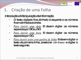 Criação de uma Folha Introdução e Manipulação da Informação O texto digitado fica alinhado à esquerda e os números ficam alinhados à direita. Para inserir uma data  – devem digitar os números separados por “/” ou “-”. Para inserir uma hora  – devem digitar os números separados por “:” . Para inserir texto com quebra de linha  – devem digitar o texto da primeira linha, pressionar  Alt+Enter  e digitar o texto seguinte. Curso Profissional - Técnico de Gestão de Equipamentos Informáticos 