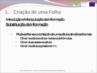 Criação de uma Folha Introdução e Manipulação da Informação Substituição de Informação Pode editar-se o conteúdo de uma célula de várias formas: Clicar na célula e clicar na barra de fórmulas. Clicar duas vezes na célula. Clicar na célula e pressionar  F2 . Curso Profissional - Técnico de Gestão de Equipamentos Informáticos 