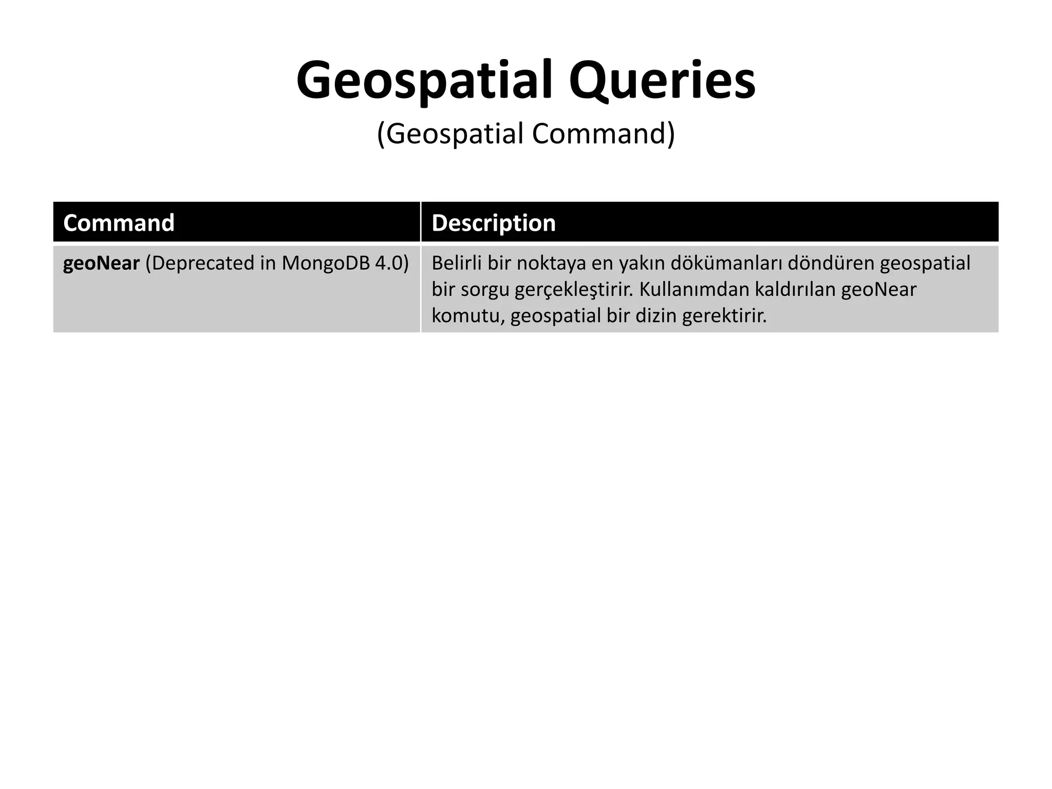 Geospatial Queries
(Geospatial Command)
Command Description
geoNear (Deprecated in MongoDB 4.0) Belirli bir noktaya en yakın dökümanları döndüren geospatial
bir sorgu gerçekleştirir. Kullanımdan kaldırılan geoNear
komutu, geospatial bir dizin gerektirir.
 