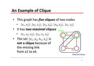 An Example of Clique
• This graph has five cliques of two nodes
  • {x1, x2}, {x2, x3}, {x3, x4}, {x4, x2}, {x1, x3}
• It has two maximal cliques          Clique
  • {x1, x2, x3}, {x2, x3, x4}
• The set {x1, x2, x3, x4} is 
  not a clique because of 
  the missing link
  from x1 to x4.
                                                  Maximal Clique

                                                           19
 