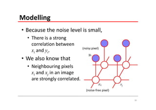 Modelling
• Because the noise level is small, 
  • There is a strong 
    correlation between 
                                (noisy pixel)
    xi and yi. 
• We also know that 
  • Neighbouring pixels 
    xi and xj in an image 
    are strongly correlated. 
                                                        xj
                                   (noise‐free pixel)

                                                             30
 