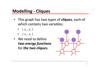 Modelling ‐ Cliques
• This graph has two types of cliques, each of 
  which contains two variables.
  • { xi , yi }
  • { xi , xj }
• We need to define
  two energy functions
  for the two cliques.
                                       xj



                                                  31
 