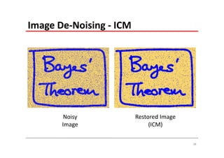 Image De‐Noising ‐ ICM




        Noisy            Restored Image 
       Image                  (ICM)

                                           38
 