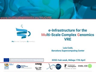 This project has received funding from the European Union’s Horizon 2020 research
and innovation programme under grant agreement No 676556.
e-Infrastructure for the
Multi-Scale Complex Genomics
VRE
www.multiscalegenomics.eu/MuGVRE
Laia Codó,
Barcelona Supercomputing Center
EOSC-hub week, Málaga 17th April
 