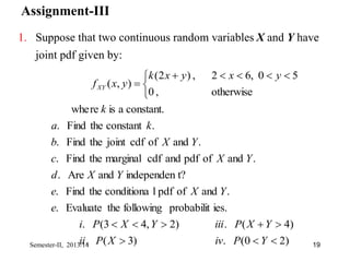 Assignment-III
1. Suppose that two continuous random variables X and Y have
joint pdf given by:
)
2
0
(
.
)
3
(
.
)
4
(
.
)
2
,
4
3
(
.
ies.
probabilit
following
the
Evaluate
.
.
and
of
pdf
l
conditiona
the
Find
.
t?
independen
and
Are
.
.
and
of
pdf
and
cdf
marginal
the
Find
.
.
and
of
cdf
joint
the
Find
.
.
constant
the
Find
.
constant.
a
is
re
whe
otherwise
,
0
5
0
,
6
2
,
)
2
(
)
,
(










 





Y
P
iv
X
P
ii
Y
X
P
iii
Y
X
P
i
e
Y
X
e
Y
X
d
Y
X
c
Y
X
b
k
a
k
y
x
y
x
k
y
x
fXY
Semester-II, 2013/14 19
 