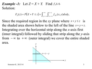 5
Example -1: Let Z = X + Y. Find
Solution:
Since the required region in the xy plane where is
the shaded area shown below to the left of the line
Integrating over the horizontal strip along the x-axis first
(inner integral) followed by sliding that strip along the y-axis
from to (outer integral) we cover the entire shaded
area.
   










 ,
)
,
(
)
(
y
y
z
x
XY
Z dxdy
y
x
f
z
Y
X
P
z
F
z
y
x 

.
z
y
x 


 

y
z
x 

x
y
).
(z
fZ
Semester-II, 2013/14
 