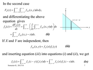 7
In the second case
and differentiating the above
equation gives
 







 ,
)
,
(
)
(
x
x
z
y
XY
Z dxdy
y
x
f
z
F

 























.
)
,
(
)
,
(
)
(
)
(
x
XY
x
x
z
y
XY
Z
Z
dx
x
z
x
f
dx
dy
y
x
f
z
dz
z
dF
z
f
(ii)
If X and Y are independent, then
and inserting equation (iii) into equations (i) and (ii), we get
)
(
)
(
)
,
( y
f
x
f
y
x
f Y
X
XY 
.
)
(
)
(
)
(
)
(
)
( 













x
Y
X
y
Y
X
Z dx
x
z
f
x
f
dy
y
f
y
z
f
z
f
(iii)
(iv)
x
z
y 

x
y
Semester-II, 2013/14
 