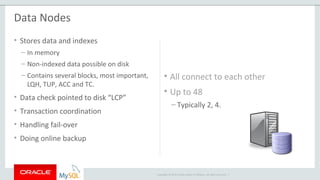 Copyright © 2015 Oracle and/or its affiliates. All rights reserved. |
Data Nodes
• Stores data and indexes
– In memory
– Non-indexed data possible on disk
– Contains several blocks, most important,
LQH, TUP, ACC and TC.
• Data check pointed to disk “LCP”
• Transaction coordination
• Handling fail-over
• Doing online backup
• All connect to each other
• Up to 48
– Typically 2, 4.
 