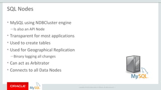 Copyright © 2015 Oracle and/or its affiliates. All rights reserved. |
SQL Nodes
• MySQL using NDBCluster engine
– Is also an API Node
• Transparent for most applications
• Used to create tables
• Used for Geographical Replication
– Binary logging all changes
• Can act as Arbitrator
• Connects to all Data Nodes
 
